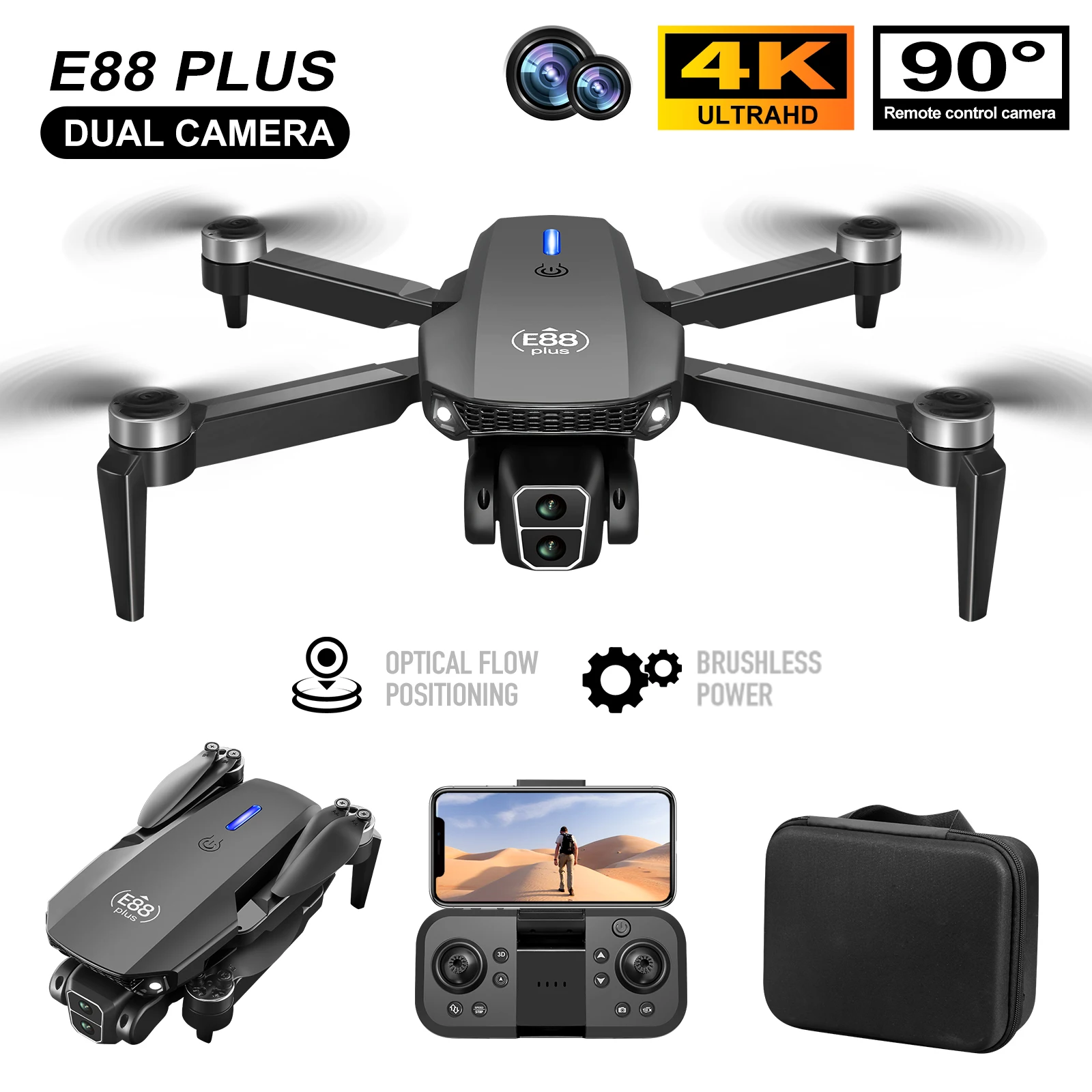 โดรนโดรน E88 Plus ใหม่: 90 °   - Drone Gimbal Brushless บทวิจารณ์และราคา